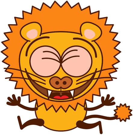Cute lion in minimalistic style with rounded ears, bulging eyes, sharp teeth and long tufted tail while clenching its bulging eyes, laughing and jumping as for celebrating something in an animated wayのイラスト素材