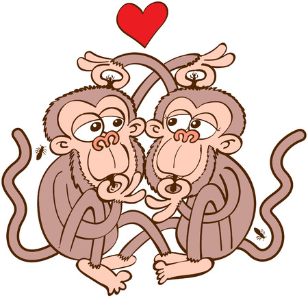 Lovely couple of brown monkeys dating in a romantic encounter, having fun and tenderly feeling in love while looking for lice in each other's head and eating themのイラスト素材