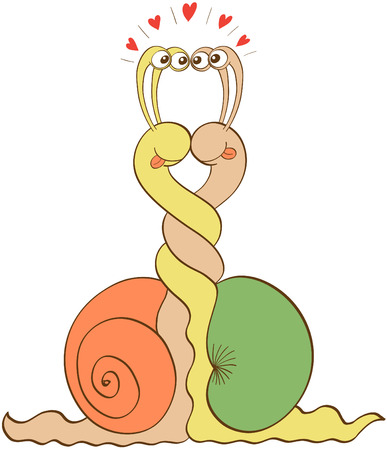 Enthusiastic snails in a love encounter, smiling, sticking their tongues out, staring at each other and intertwining their bodies while taking a vertical position and showing plenty of red heartsのイラスト素材