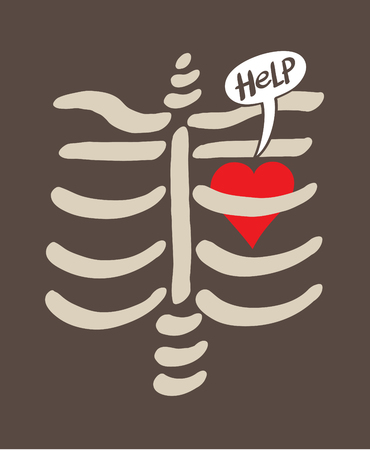 Cartoon red heart feeling in captivity inside the bones of a rib cage, expressing a love pang and asking for help by showing a speech bubble. Dark backgroundのイラスト素材