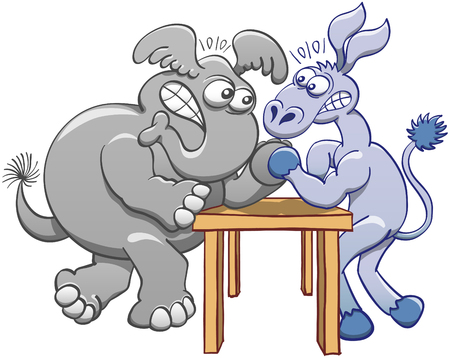 Aggressive donkey and elephant posing their elbows on a small table, staring at each other, clenching their teeth and confronting their strength by practicing arm wrestlingのイラスト素材