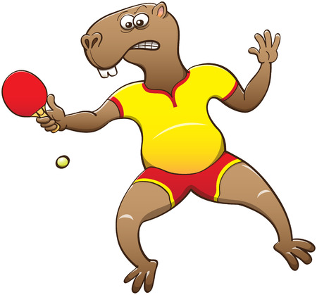 Chubby capybara wearing yellow shirt and red shorts, feeling worried, staring at the ball and preparing to hit it back while playing table tennisのイラスト素材