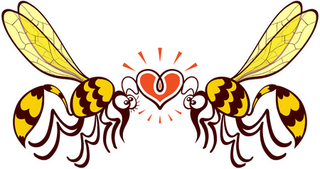 Impressive couple of wasps flying, staring at each other and forming a shiny heart with their antennaeのイラスト素材