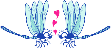 Cute couple of slim blue dragonflies flying in front of each other while the male declares its love by showing floating hearts and the female looks a little bit shy and doubtfulのイラスト素材