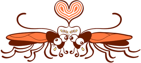 Funny couple of brown and orange cockroaches while posing in front of each other and expressing their love by forming an artistic heart with their antennaeのイラスト素材