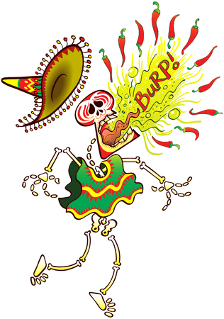 Mexican skeleton wearing a big hat and poncho while making a big effort to burp hot chili peppers in a loud and painful wayのイラスト素材