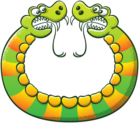 Double headed snake with sharp fangs, long forked tongues and yellow stripes while forming a circle with its body and confronting its two sides in an aggressive wayのイラスト素材