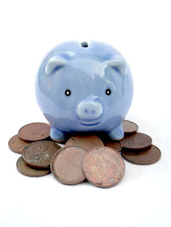 Little blue piggy bank protecting pennies. Isolated on white.の写真素材