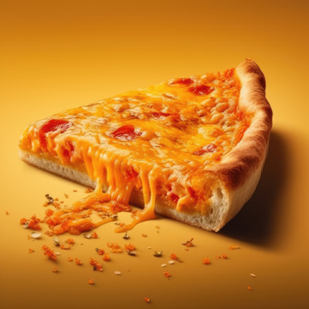 Slice of pizza with tomato sauce on yellow background. Top view.の素材