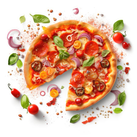 Pizza with tomato, onion and basil isolated on white background. Top view.の素材