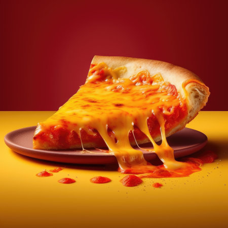Pizza slice with melted cheese on a red plate on a yellow backgroundの素材