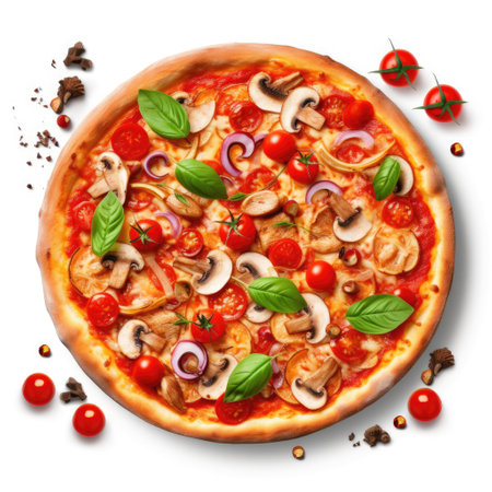 Pizza with mushrooms, tomatoes and basil isolated on white background. Top view.の素材