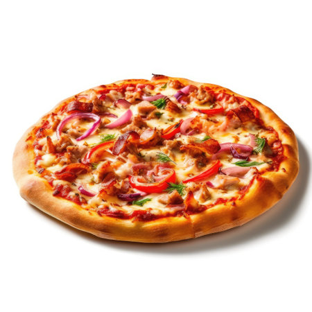 Pizza with meat and vegetables on a white background. Isolatedの素材