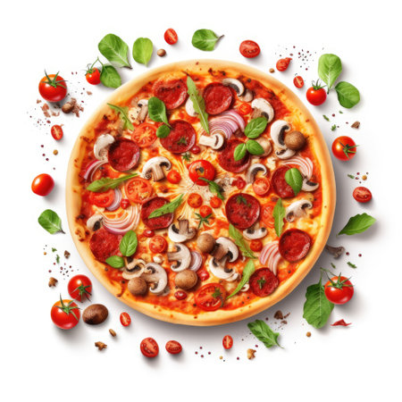 Pizza with mushrooms, tomatoes and basil on white background, top viewの素材