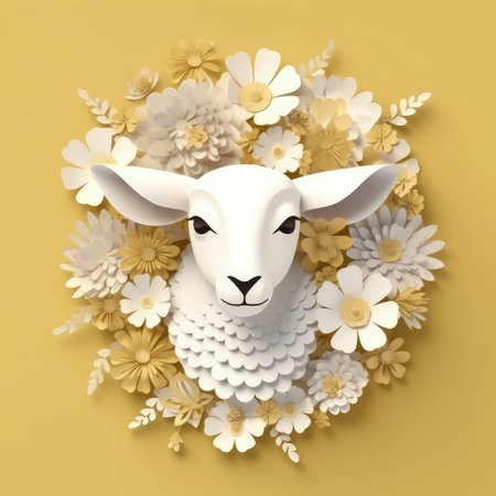Paper cut of sheep surrounded by flowers. Paper art style. 3D rendering.の素材