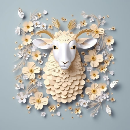 Funny sheep made of paper with flowers and butterflies on blue backgroundの素材