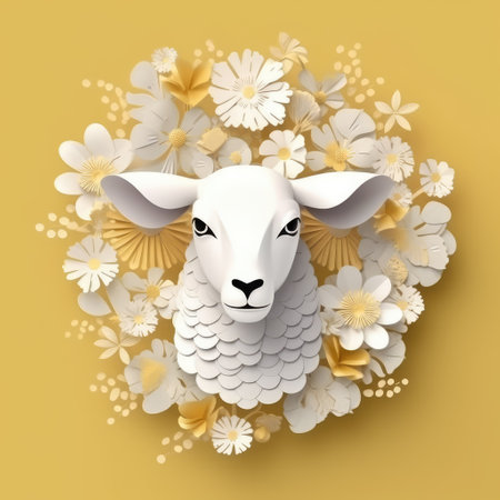 Sheep head with flowers on yellow background. 3D illustration.の素材