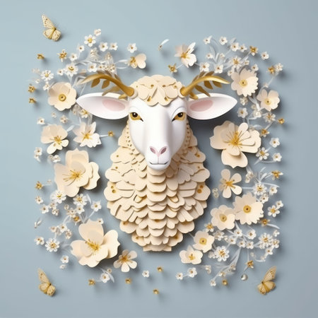 Paper cut sheep with flowers on blue background. 3d rendering.の素材