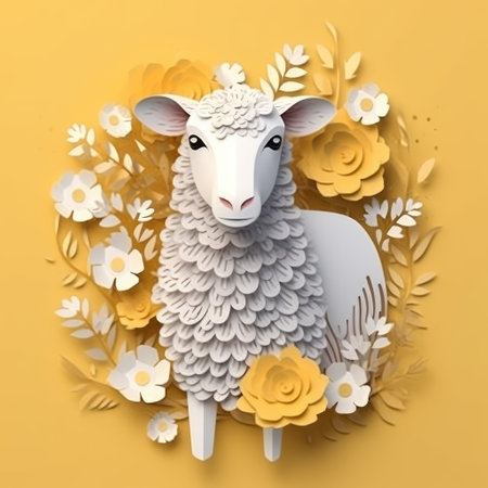 Sheep with flowers and leaves on yellow background. 3d illustrationの素材