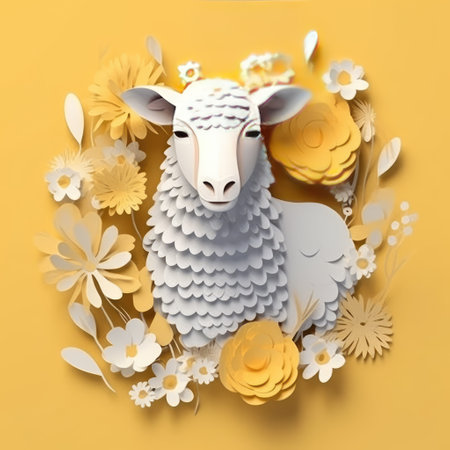 Paper cut sheep and flowers on yellow background. 3d rendering.の素材