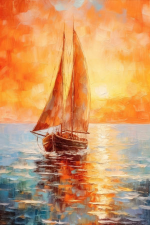 Sailing boat in the sea at sunset. Oil painting on canvas.の素材