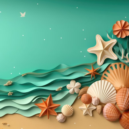 Summer sea background with seashells and starfish. Paper art styleの素材