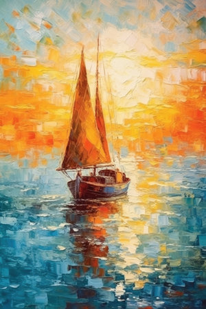 Sailing boat in the sea at sunset. Oil painting on canvas.の素材