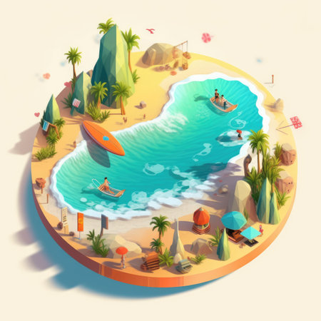 Beach isometric composition with tropical island and palm trees vector illustrationの素材