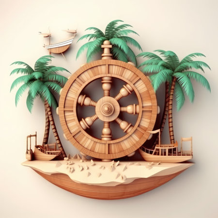 3d render of a ship steering wheel and palm trees on the beachの素材