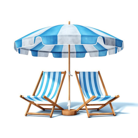 Beach umbrella and deck chairs 3d render on white background no shadowの素材