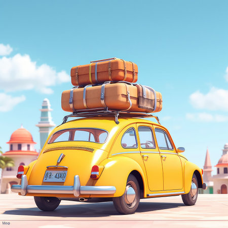 Vintage car with suitcases on the roof. 3d renderingの素材