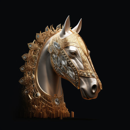 Golden horse head isolated on black background. 3D rendering. Golden horse, rabic language National Dayの素材