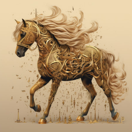 Horse with gold ornament on grunge background, rabic language National Dayの素材