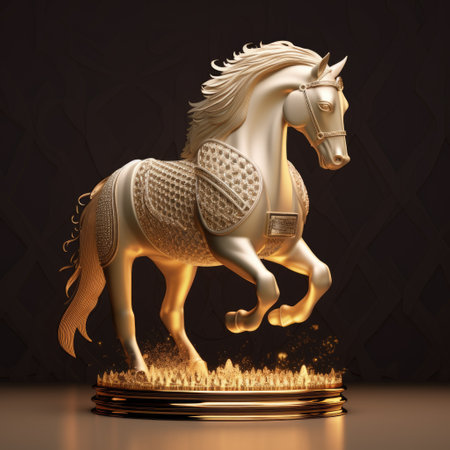 3d rendering of a golden horse on a pedestal with gold elements.の素材
