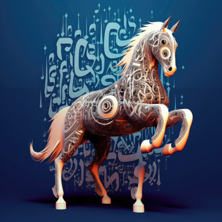 Illustration of a horse with music notes on a blue background, rabic language National Dayの素材