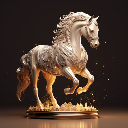 Golden horse with crown on black background. 3d rendering, 3d illustration.の素材