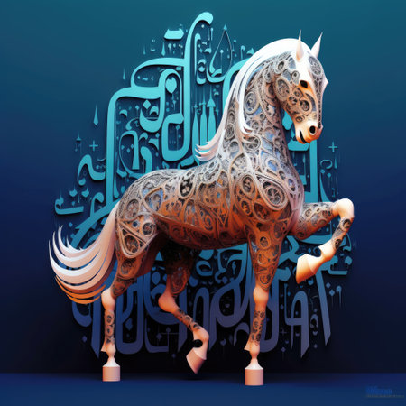 Horse with Arabic calligraphy on blue background. Vector illustration, rabic language National Dayの素材
