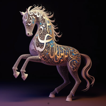 3D rendering of a fantasy horse isolated on a black background. rabic language National Dayの素材