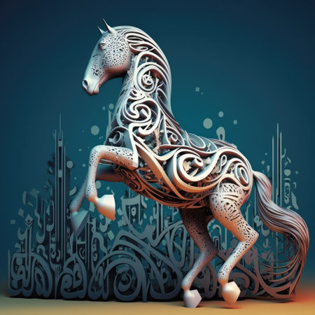 3d rendering of a fantasy horse on a blue background with a pattern, rabic language National Dayの素材