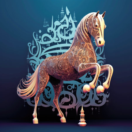 Horse on the background of the ancient ornament. Vector illustration. rabic language National Dayの素材