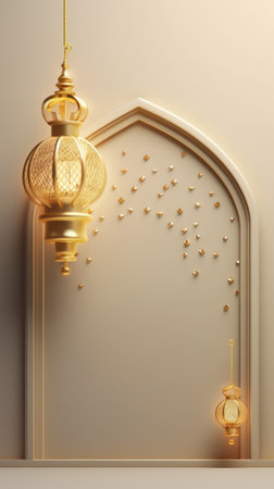 Ramadan Kareem background with golden lanterns. 3d renderingの素材