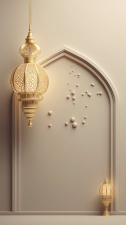 Lanterns on the wall. 3d render. Ramadan Kareemの素材