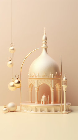 3d illustration of a miniature mosque with golden ornaments on a beige backgroundの素材