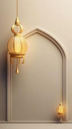Elegant Arabic lanterns hanging on the wall. 3d renderingの素材