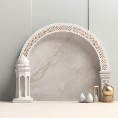 3d rendering of white marble and marble podium with arabic decorationの素材