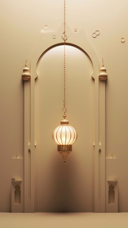 3d rendering of a golden lamp hanging from the ceiling in a roomの素材