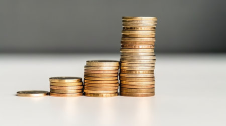 Stacks of coins on white background with copy space for your textの素材