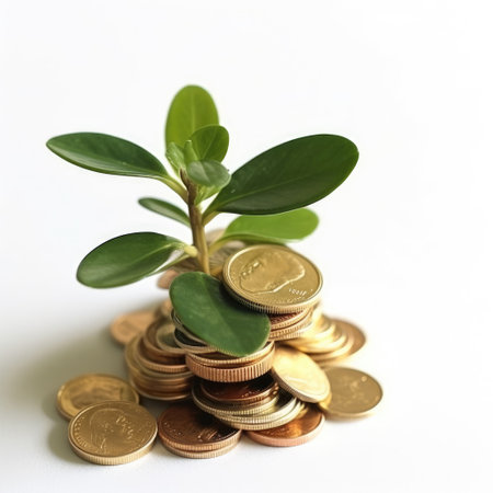 Investment concept, Coins stack with green plant on white background.の素材