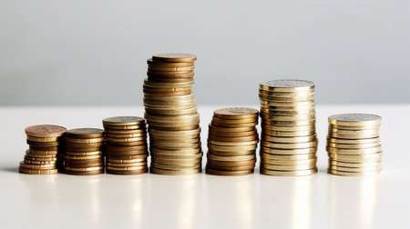 Stacks of coins on a white background, business and finance conceptの素材