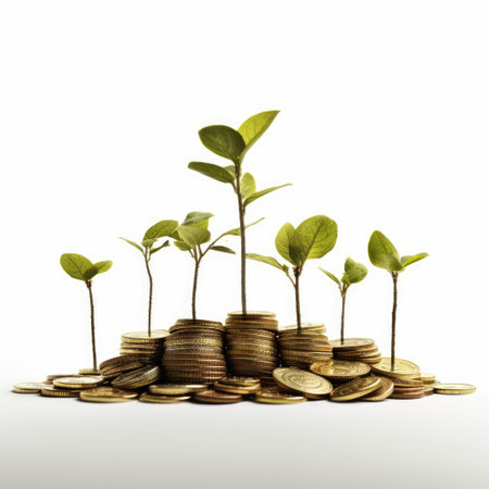 Green plant growing from pile of coins isolated on white background. Business and finance concept.の素材